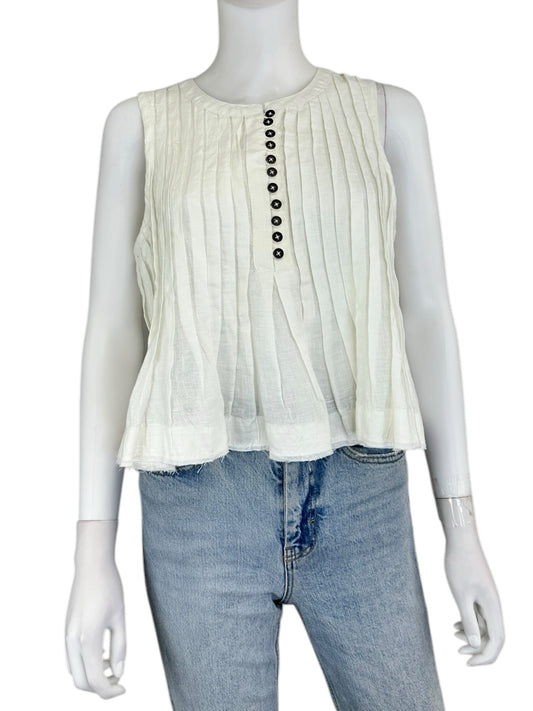 anthropologie 100% Linen White Pleated Blouse Size M