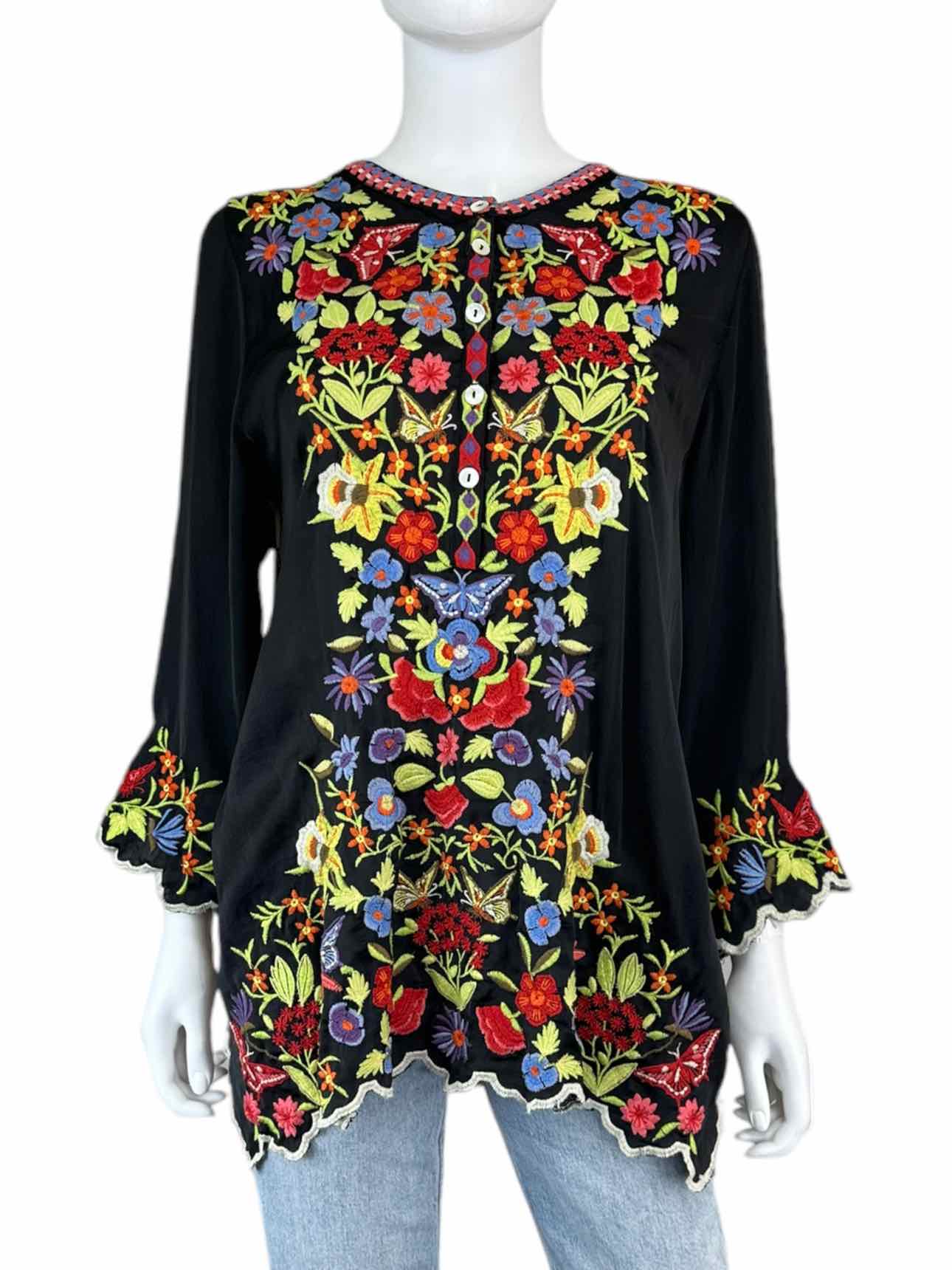 JOHN MARK Floral Embroidered Black Blouse Size M