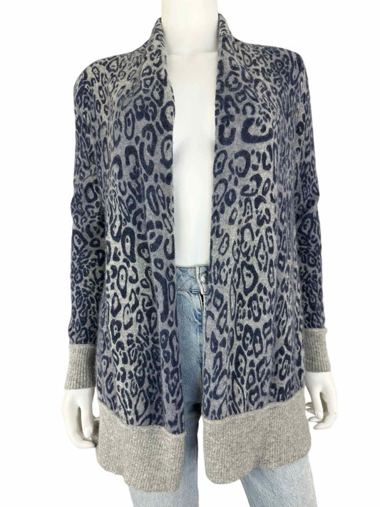 WHITE + WARREN Cashmere Blue Leopard Print Cardigan Size S