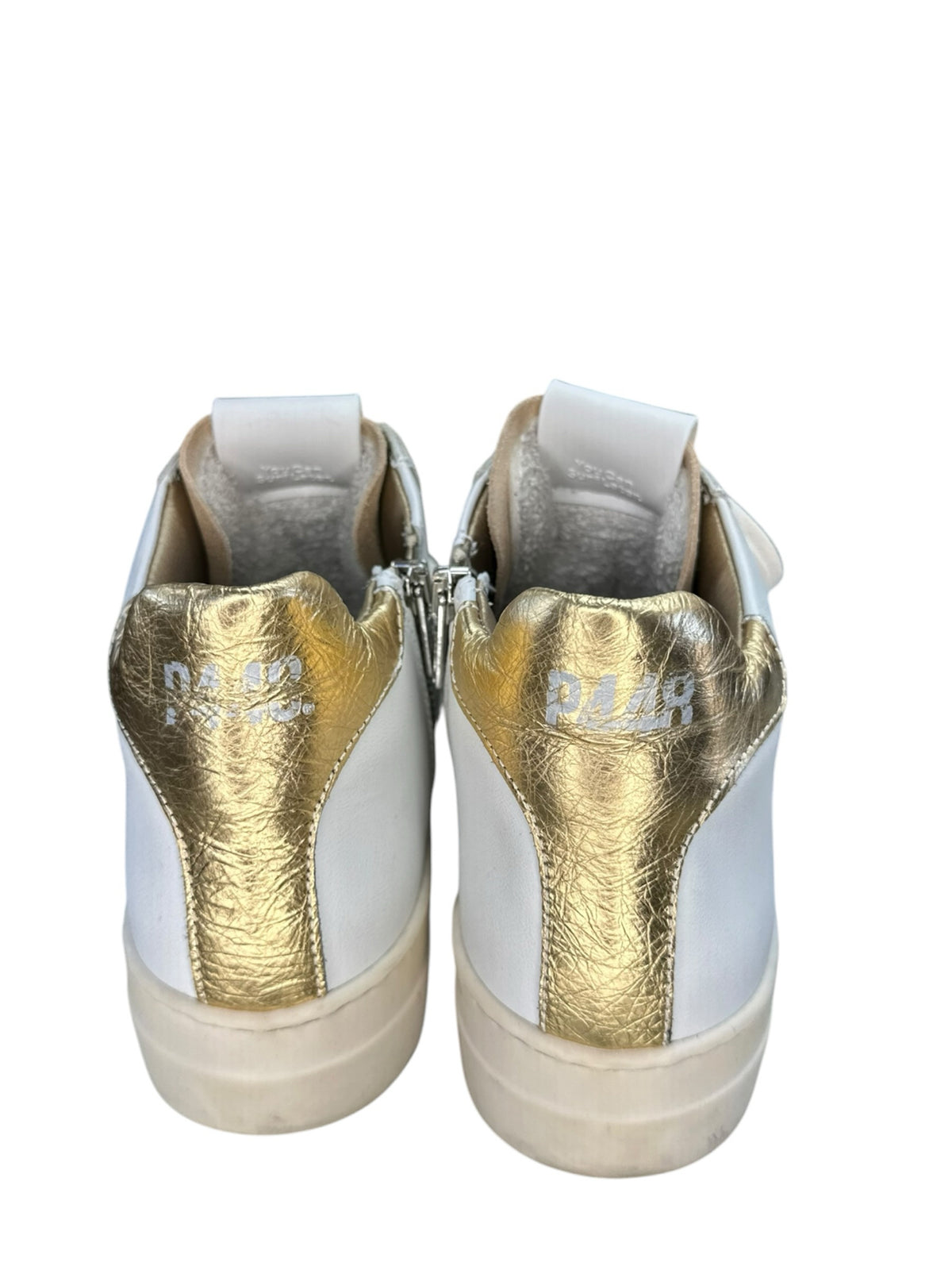 P448 Thea Mid Millenium Platform Sneakers in White, Gold & Suede Size 39