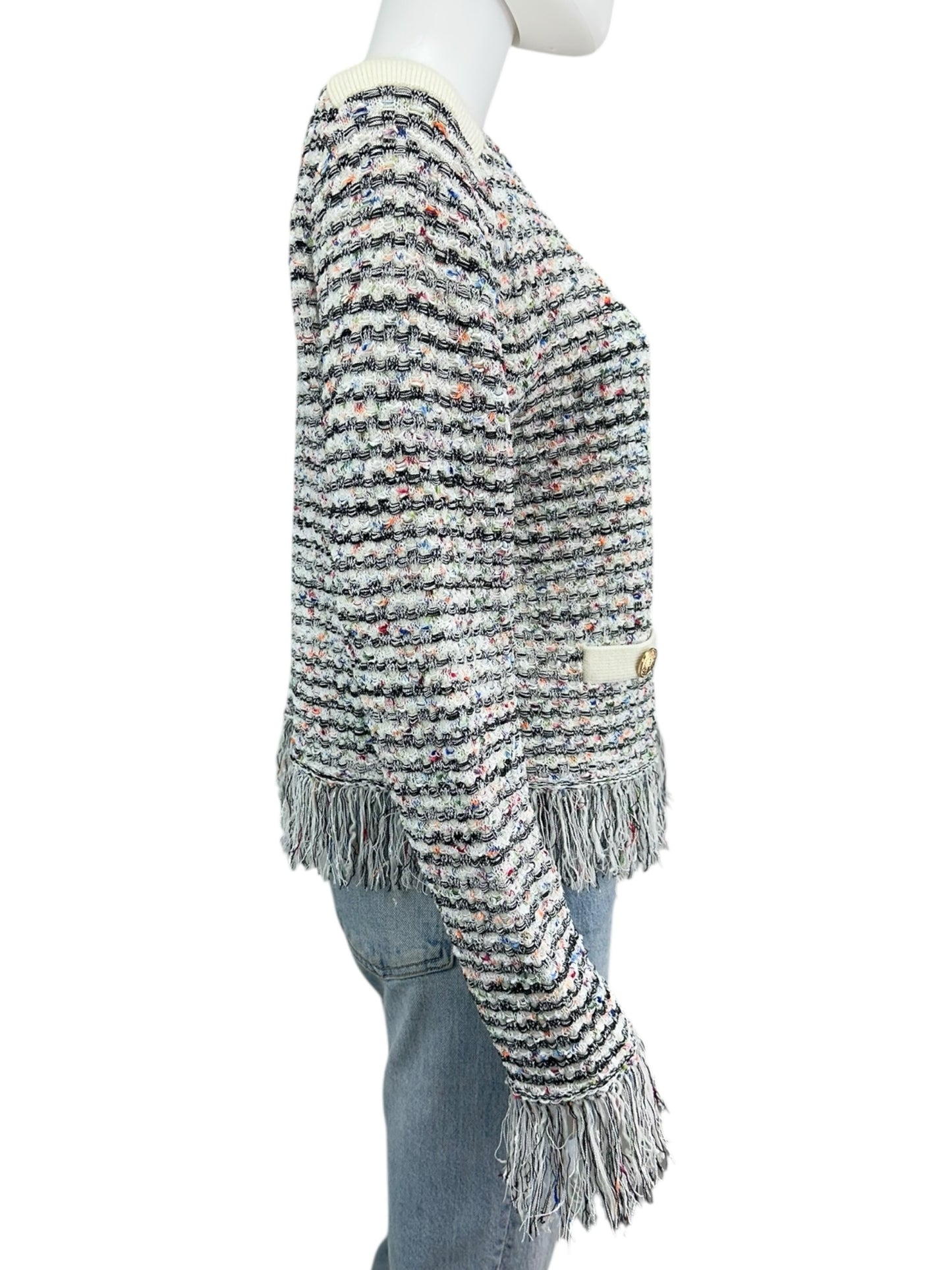 MILLY Tweed Fringe Trim Sweater Cardigan Jacket Size L