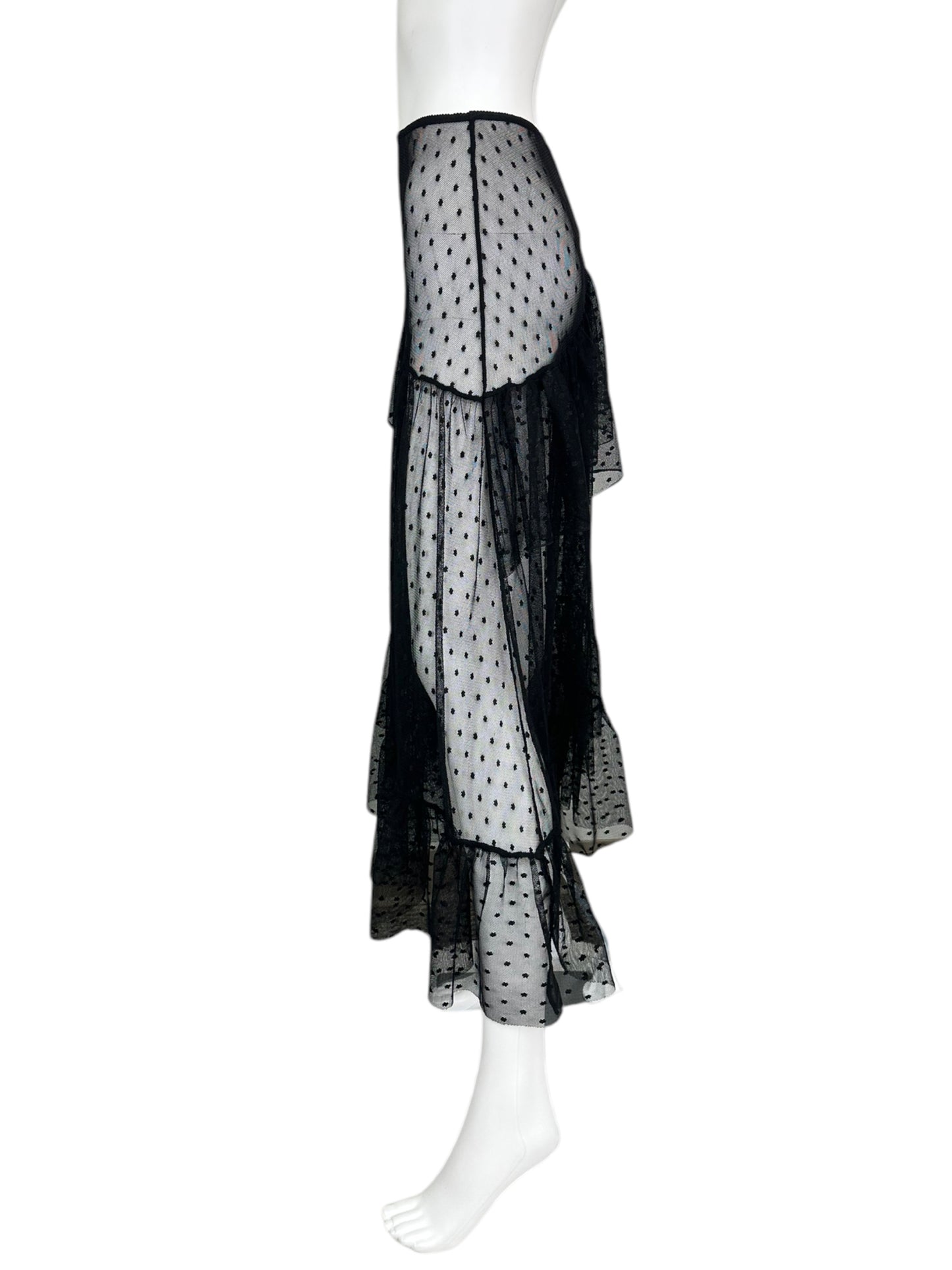 Free People Black mesh Polka Dot Ruffle Maxi Skirt Size XS