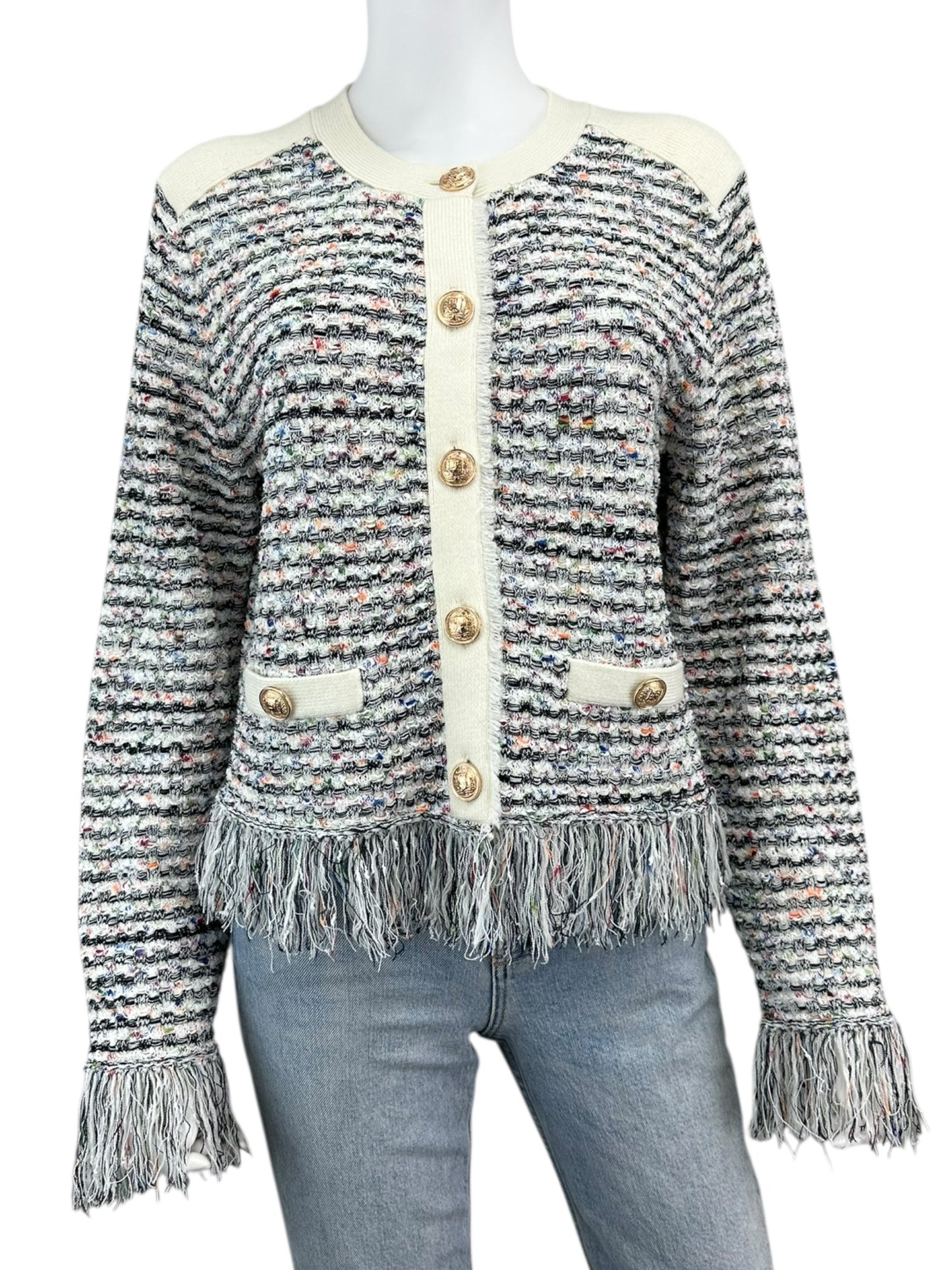 MILLY Tweed Fringe Trim Sweater Cardigan Jacket Size L