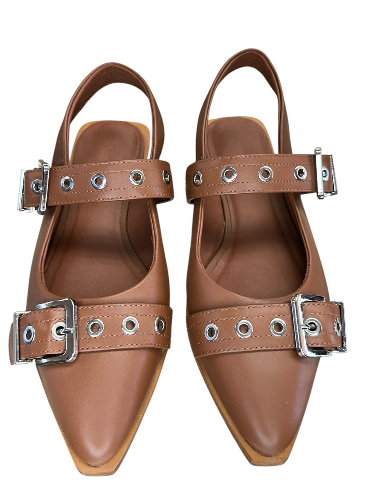 Quince Brown Cognac Italian Leather Bold Buckle Slingback Flats Size 8
