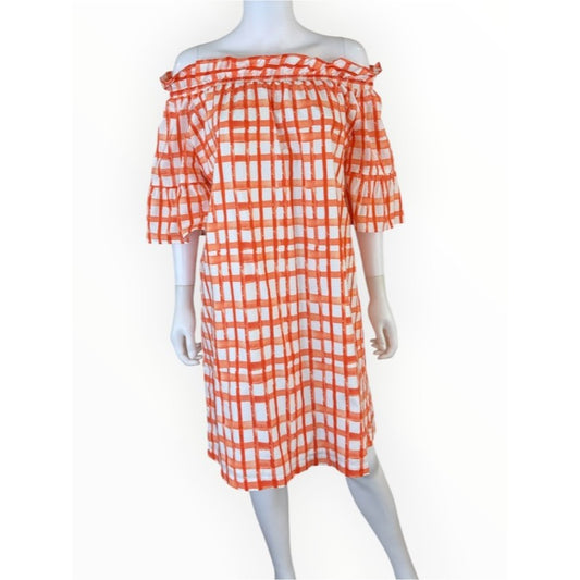 Brooke Wright Orange Plaid Olivia Off-the-Shoulder Dress Size M