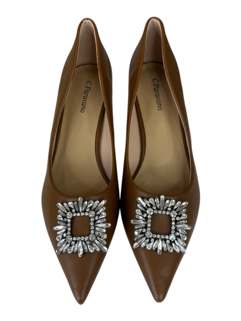 C.Paravano NWT Brown Crystal Buckle Kitten Heel Pumps Size 41