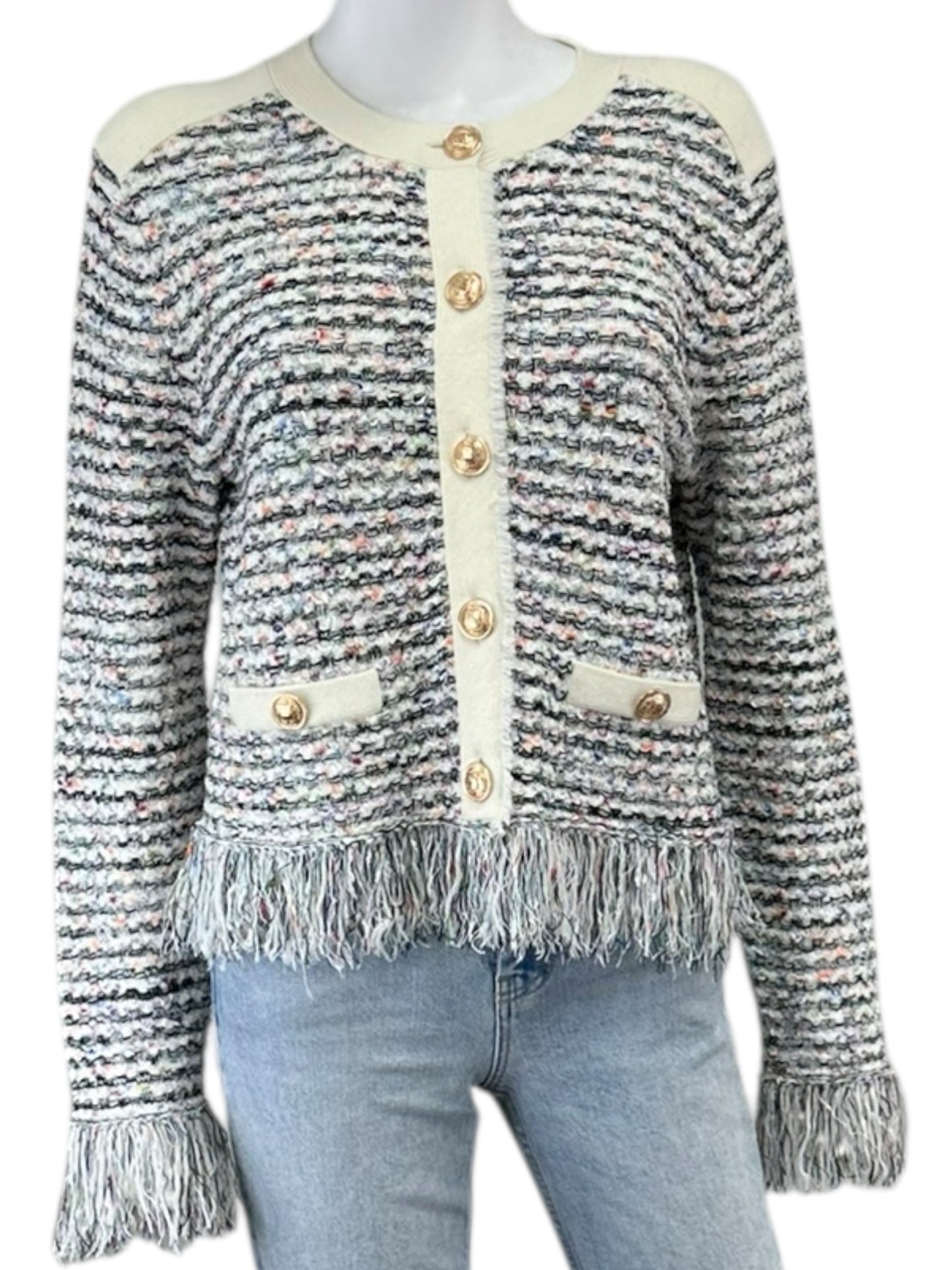 MILLY Tweed Fringe Trim Sweater Cardigan Jacket Size L