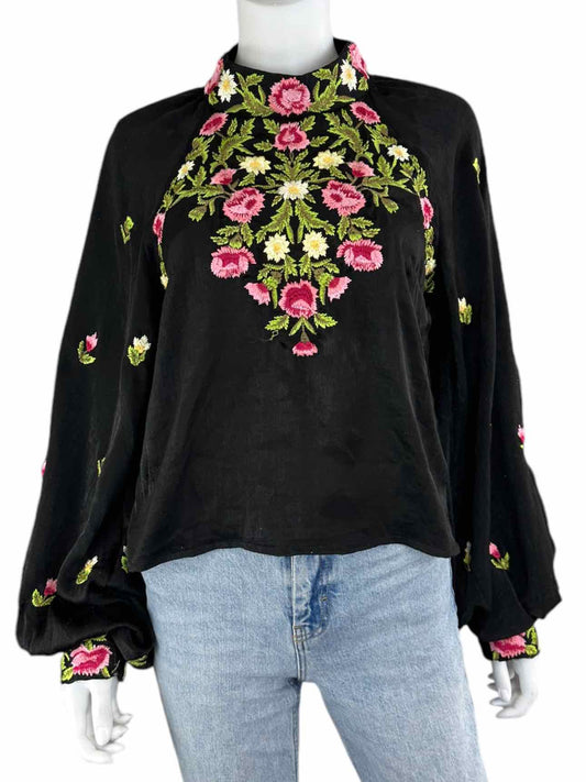 Free People Black Velvet Embroidered Blouse Size M