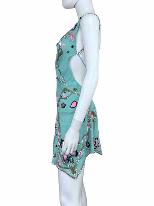 Temperly London Silk Aqua Hand Beaded Cocktail Dress Size 8