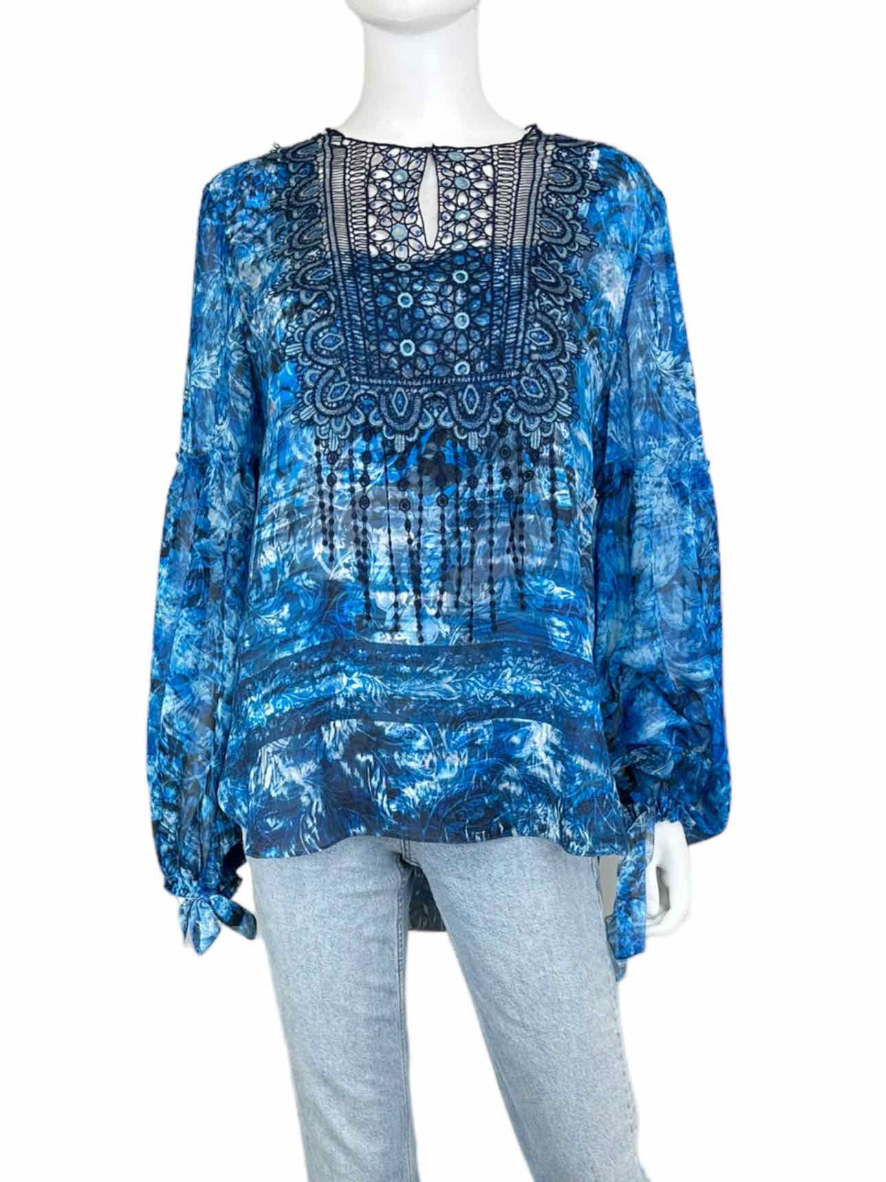 ELIE TAHARI Blue Crochet Lace Silk Blouse Size L