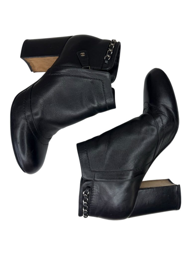 CHANEL Black Leather Ankle Boot Size 38.5