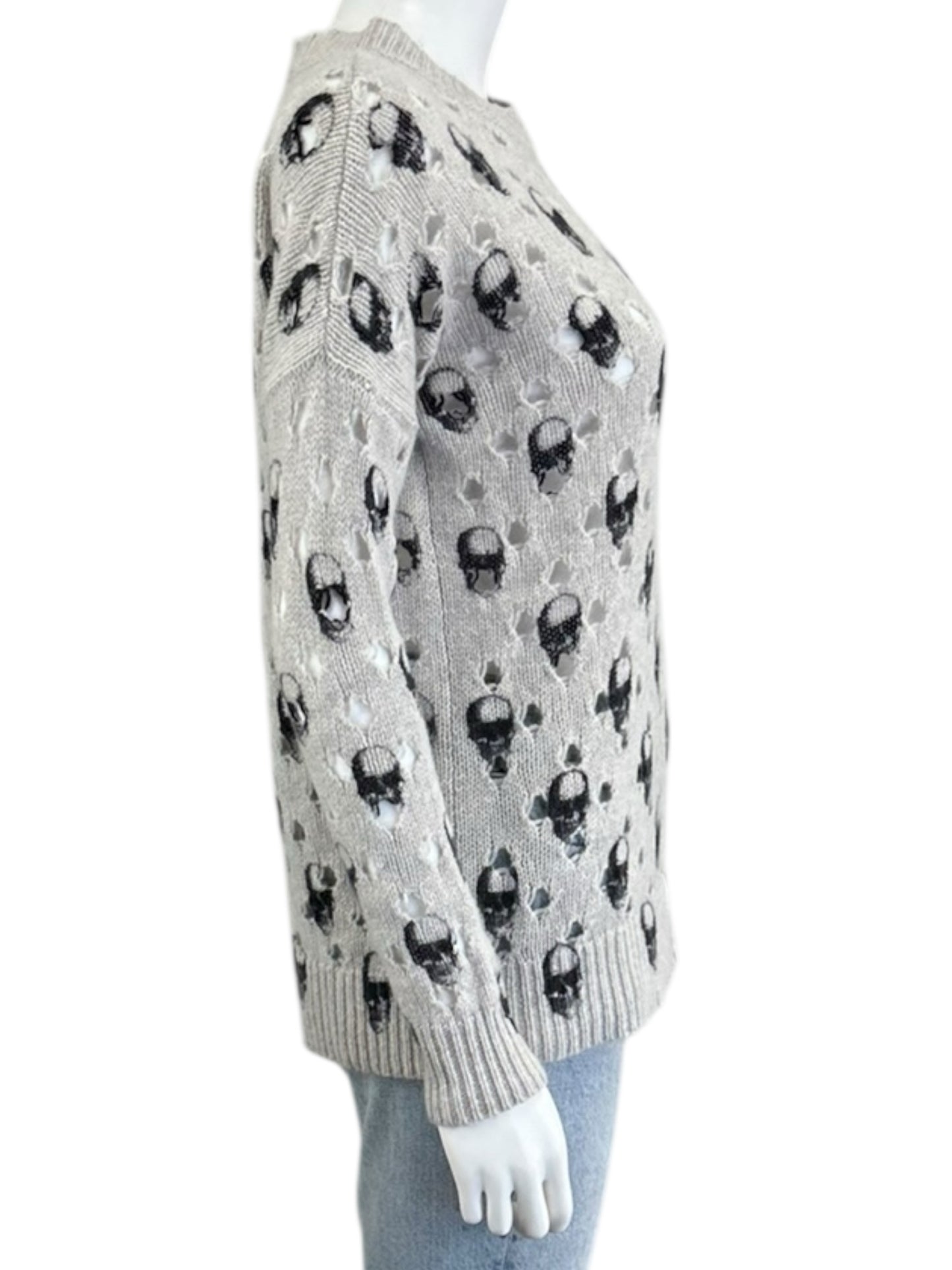 SKULL CASHMERE Gray Distressed 100% Cashmere Skull Sweater Size S