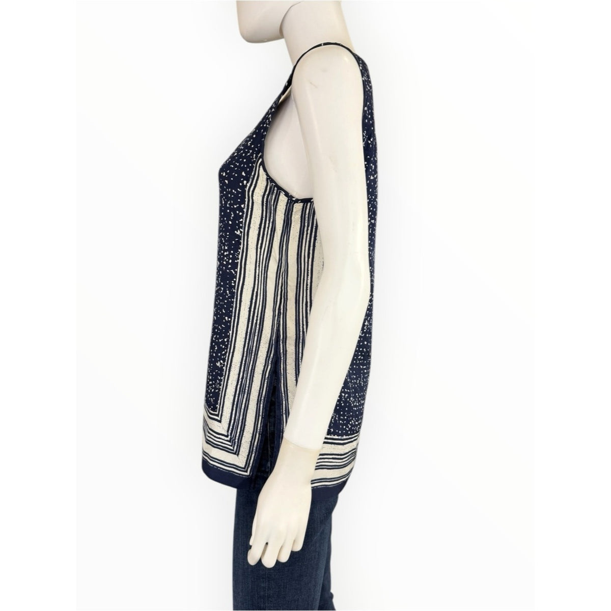 Vince Navy Blue & White Scarf Print Dotted 100% Silk Tank Top Size S