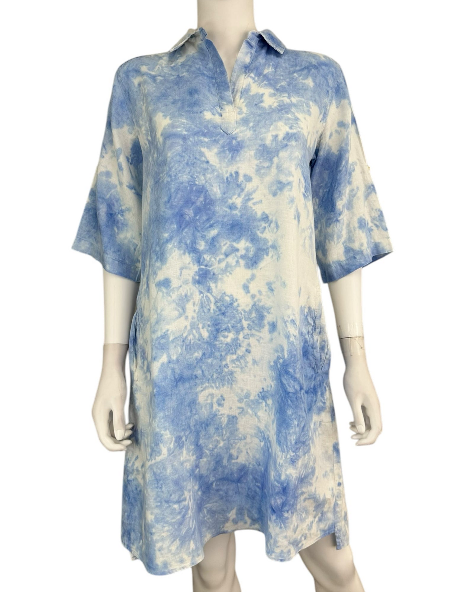 Pure Amici 100% Linen Blue Tie Dye Casual Dress Size S
