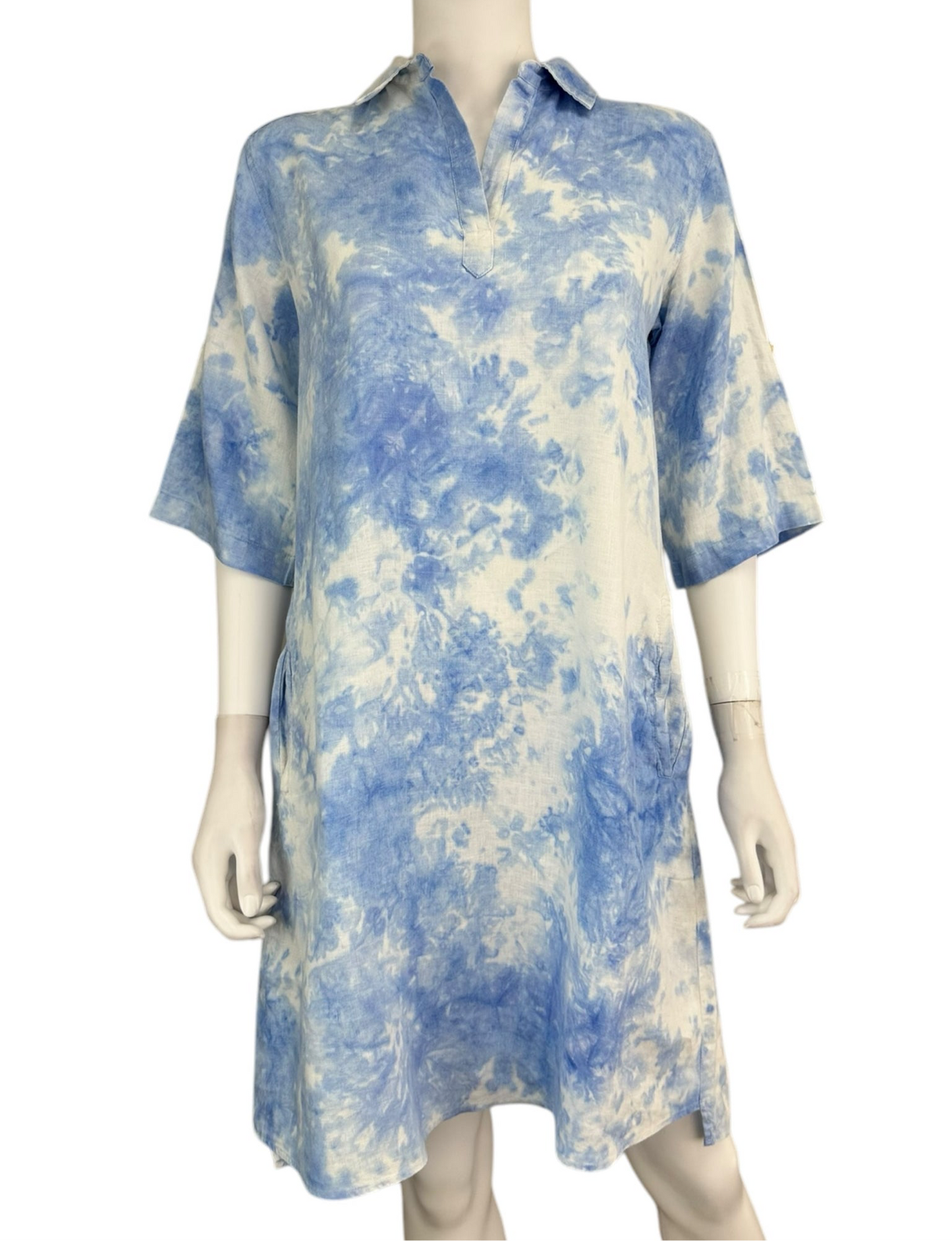 Pure Amici 100% Linen Blue Tie Dye Casual Dress Size S