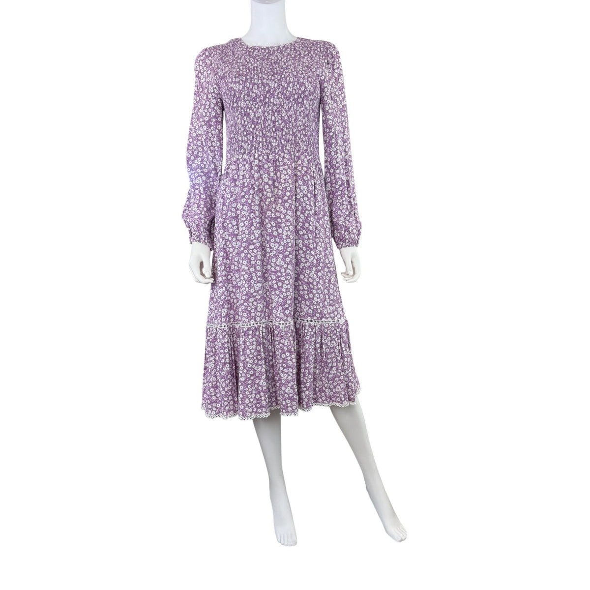 Lost + Wander Purple Floral Smocked Long Sleeve Dress With Lace Trim Size Small