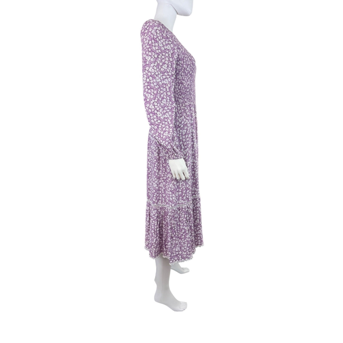 Lost + Wander Purple Floral Smocked Long Sleeve Dress With Lace Trim Size Small