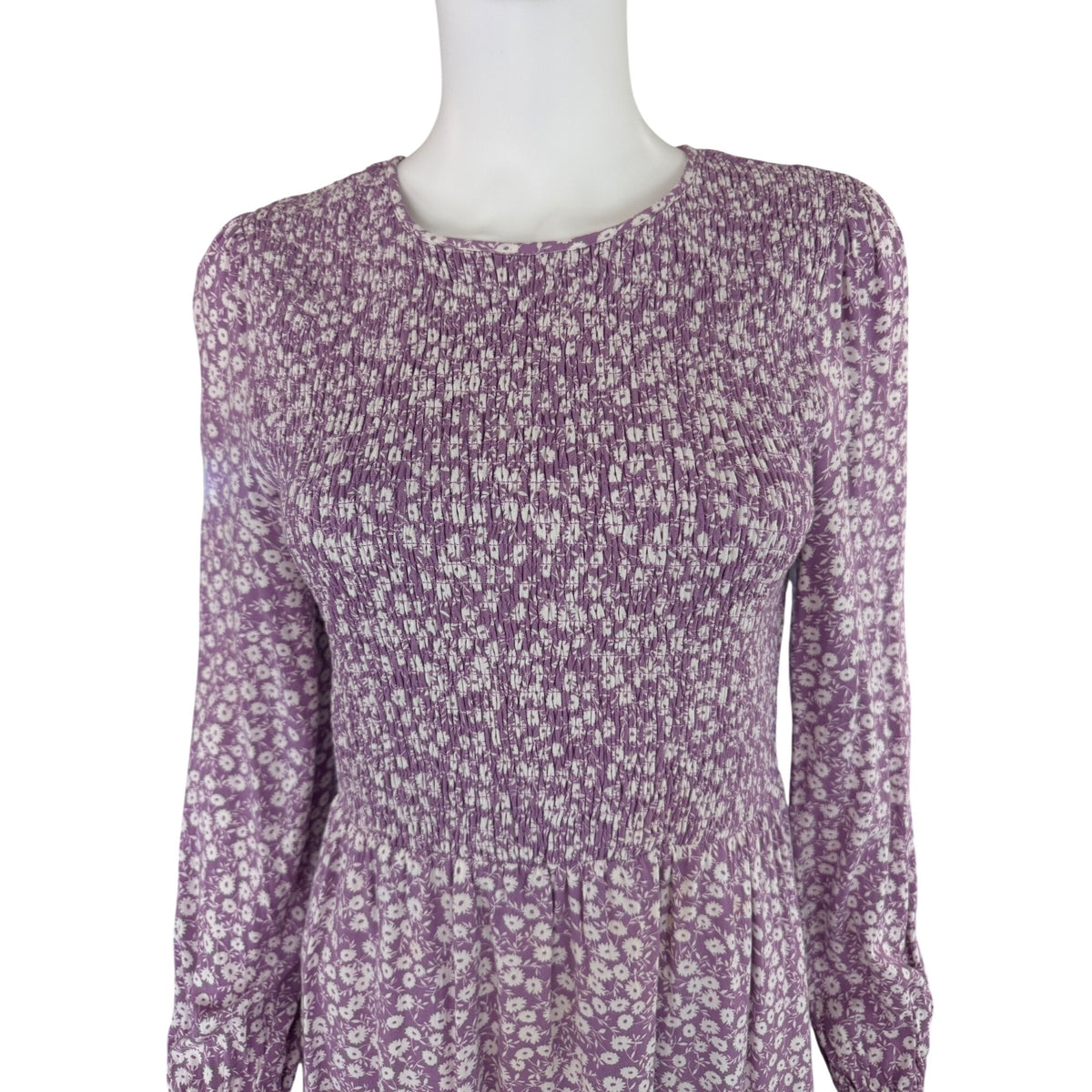 Lost + Wander Purple Floral Smocked Long Sleeve Dress With Lace Trim Size Small