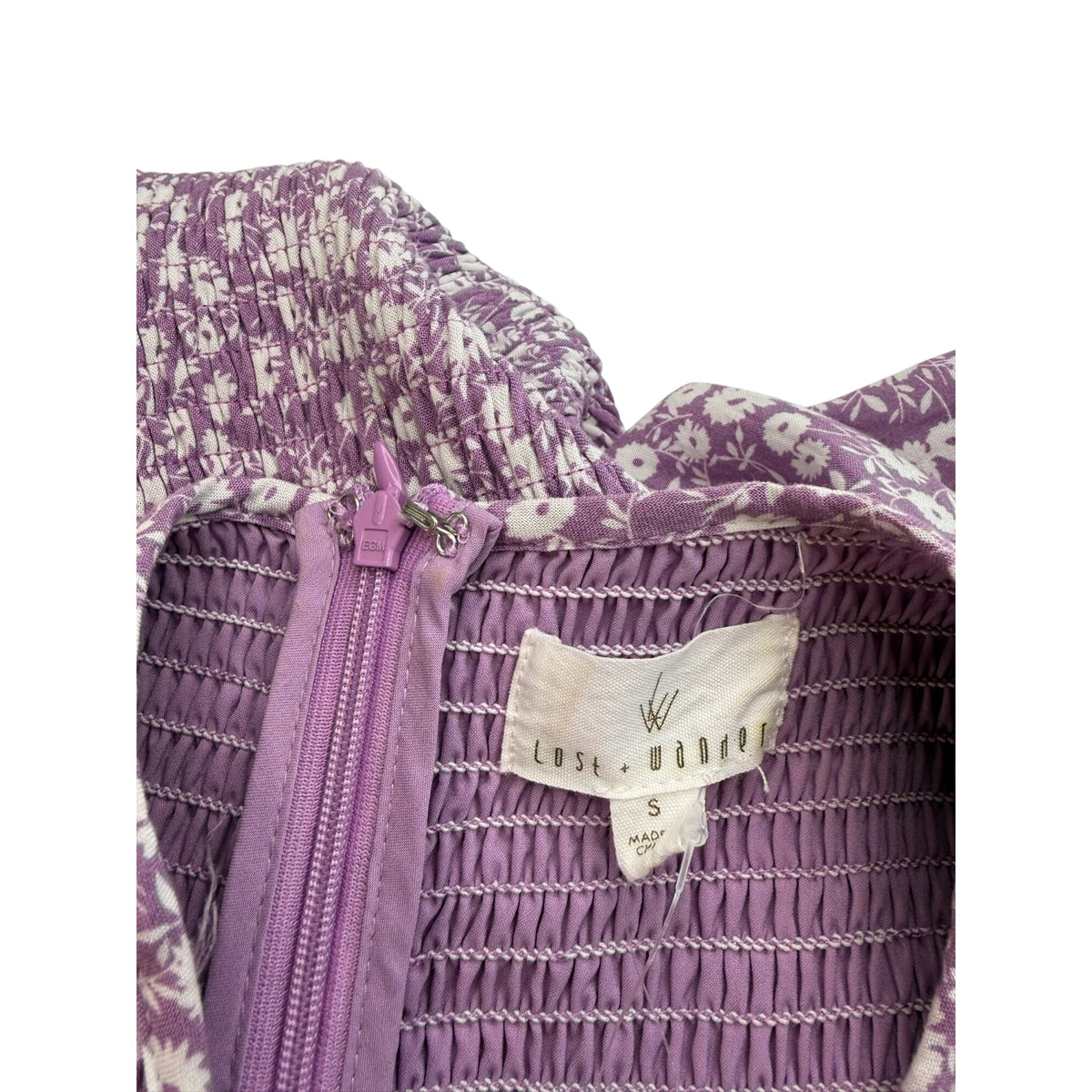 Lost + Wander Purple Floral Smocked Long Sleeve Dress With Lace Trim Size Small