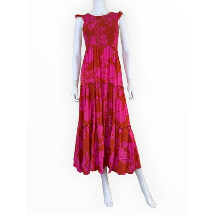 Abel the Label Pink Floral Print Angelica Tiered Maxi Dress Size XS