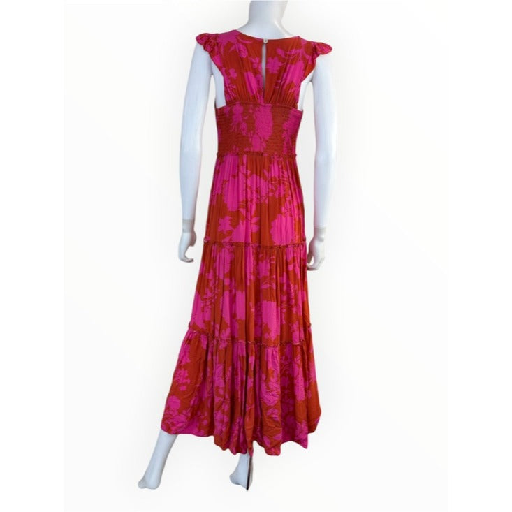 Abel the Label Pink Floral Print Angelica Tiered Maxi Dress Size XS