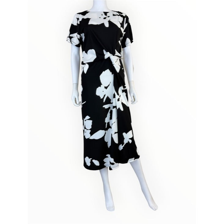 DKNY NWT Black Floral Side-Twist Short-Sleeve Midi Dress Size 12