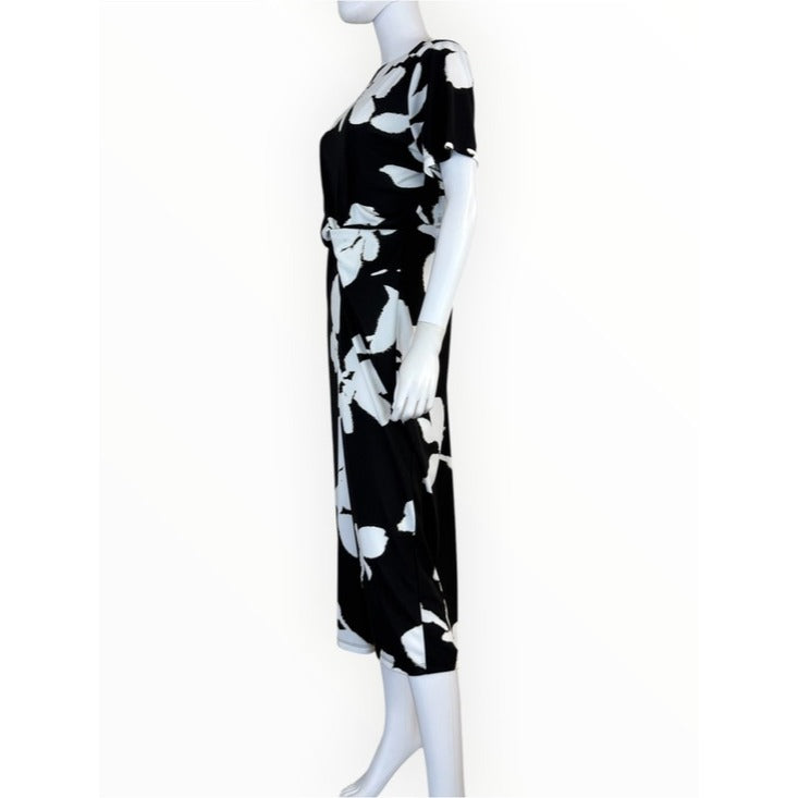 DKNY NWT Black Floral Side-Twist Short-Sleeve Midi Dress Size 12