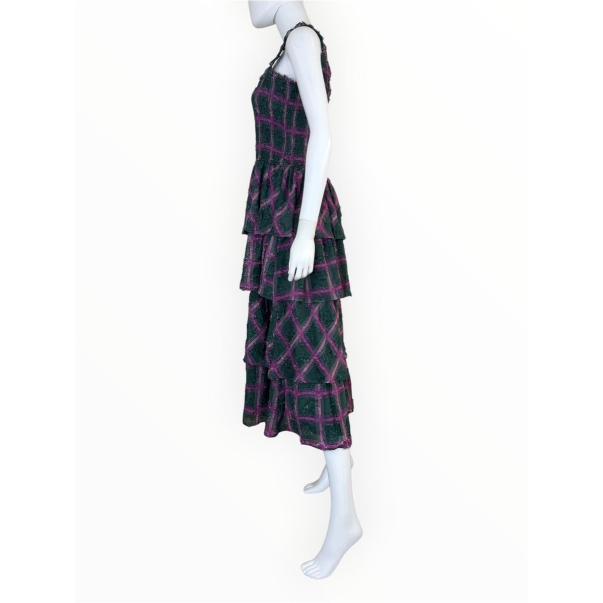 Aureum Green Plaid Smocked Tiered Maxi Dress Size L