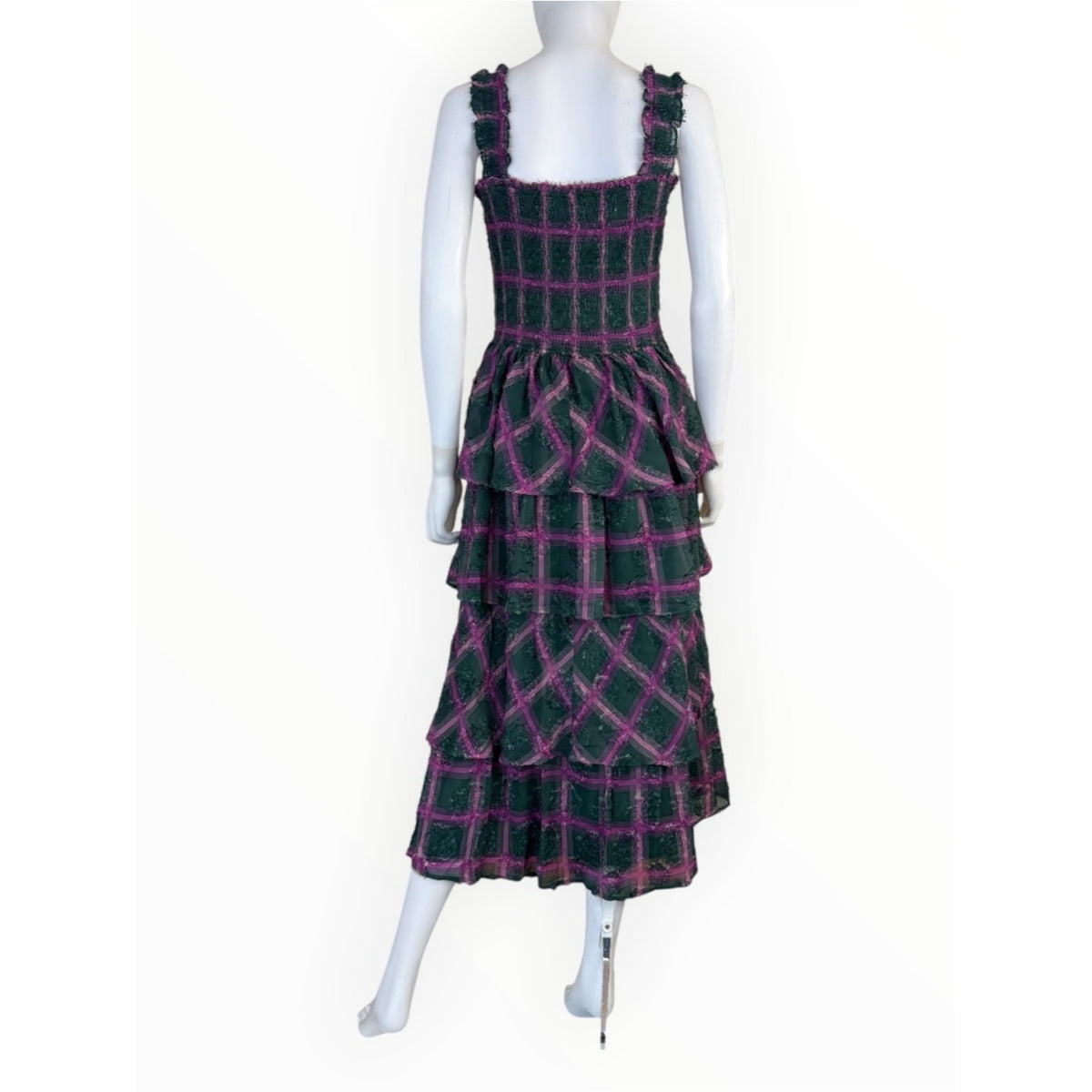 Aureum Green Plaid Smocked Tiered Maxi Dress Size L