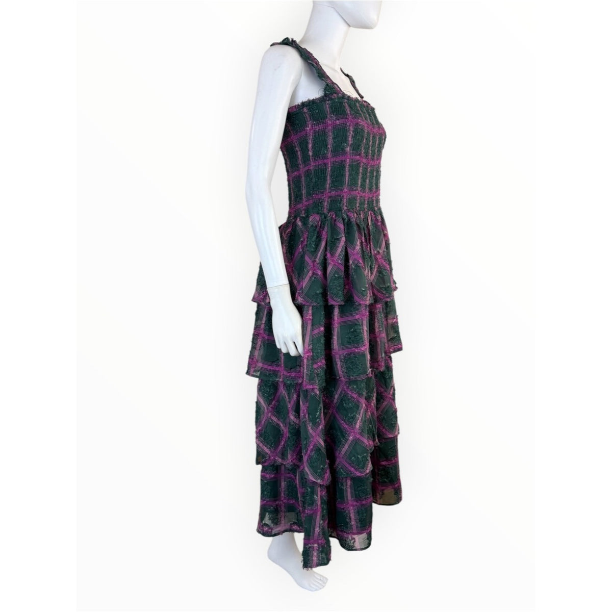 Aureum Green Plaid Smocked Tiered Maxi Dress Size L