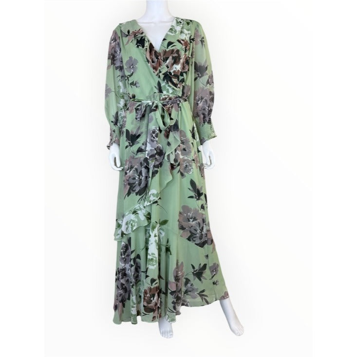 Taylor Floral Mint Hazelnut 3/4 Sleeve Faux Wrap Maxi Dress Size L