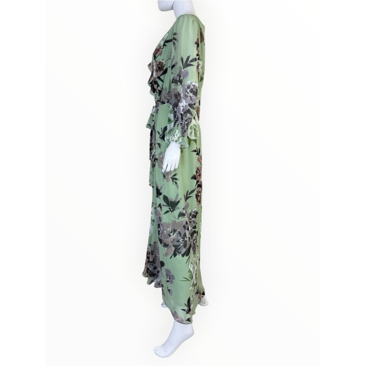 Taylor Floral Mint Hazelnut 3/4 Sleeve Faux Wrap Maxi Dress Size L