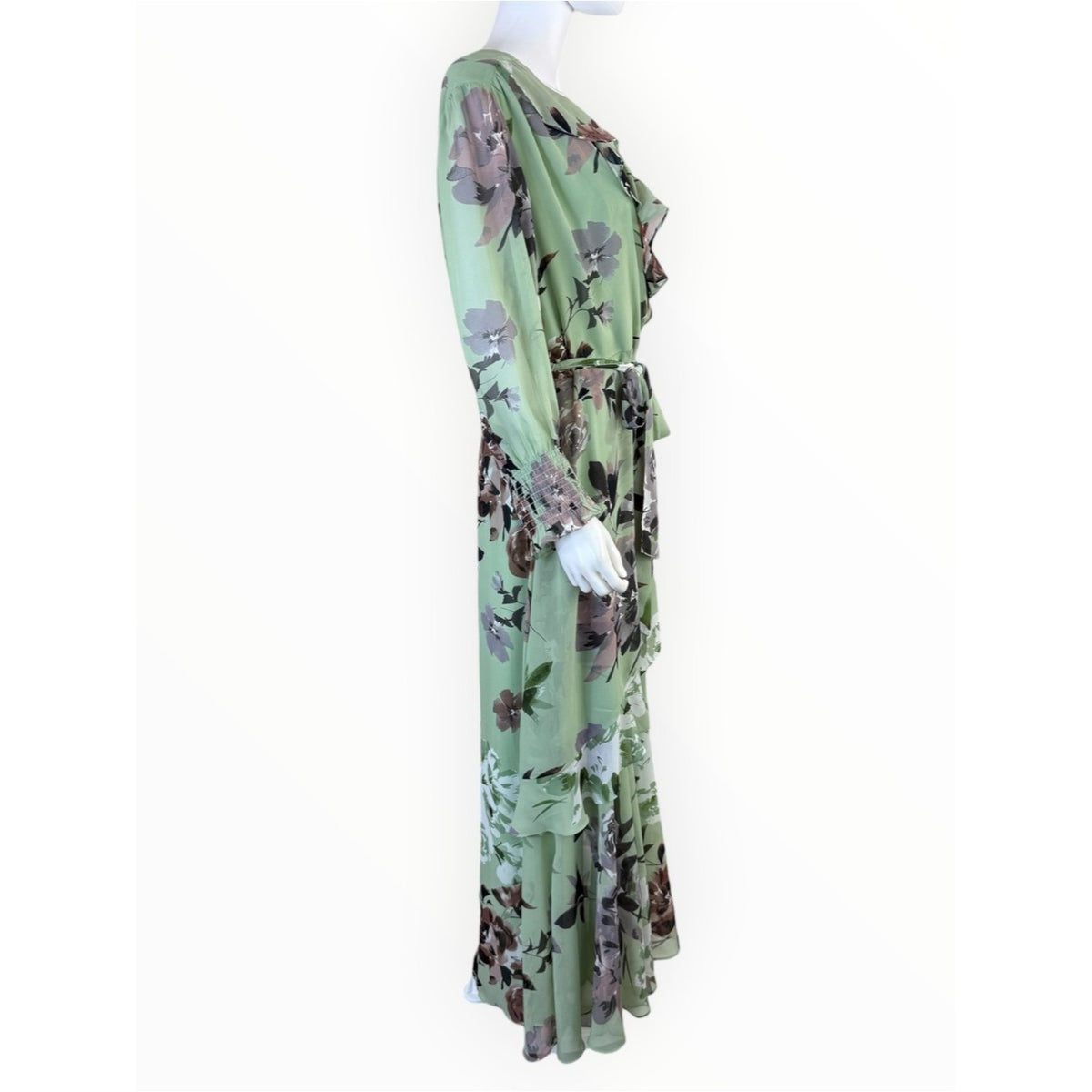 Taylor Floral Mint Hazelnut 3/4 Sleeve Faux Wrap Maxi Dress Size L