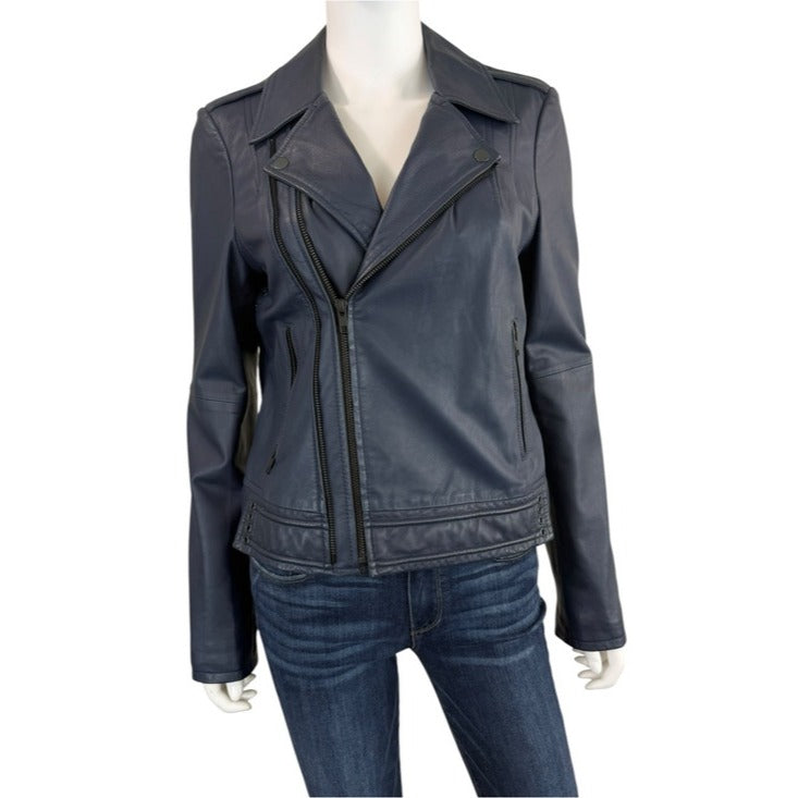 Joie Dark Navy Caldine Lambskin Leather Biker Jacket Size L
