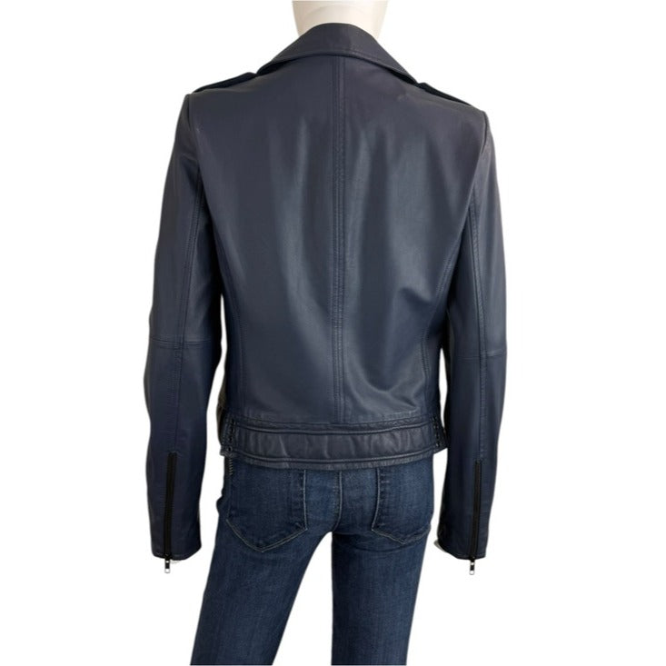 Joie Dark Navy Caldine Lambskin Leather Biker Jacket Size L