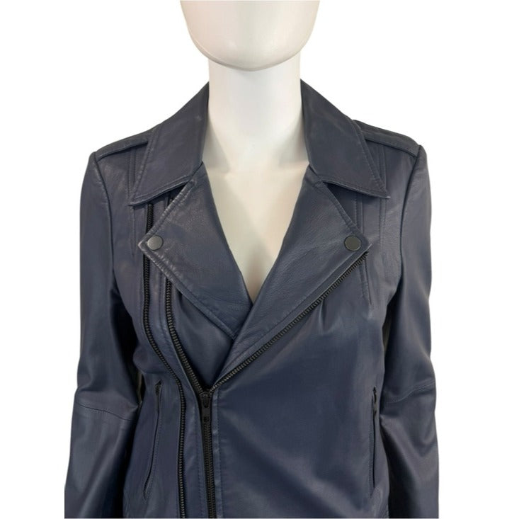 Joie Dark Navy Caldine Lambskin Leather Biker Jacket Size L