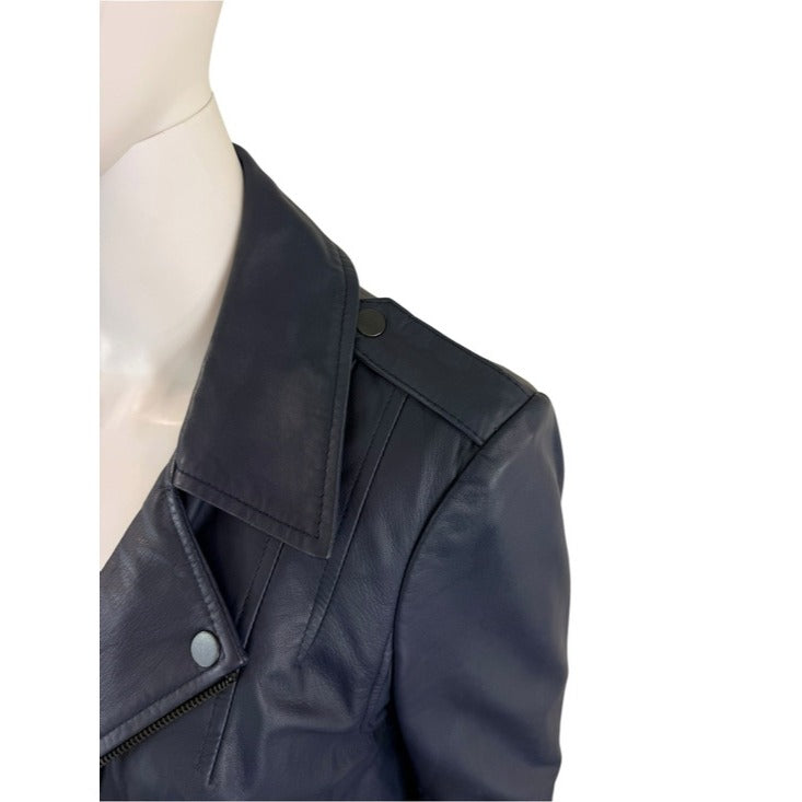 Joie Dark Navy Caldine Lambskin Leather Biker Jacket Size L