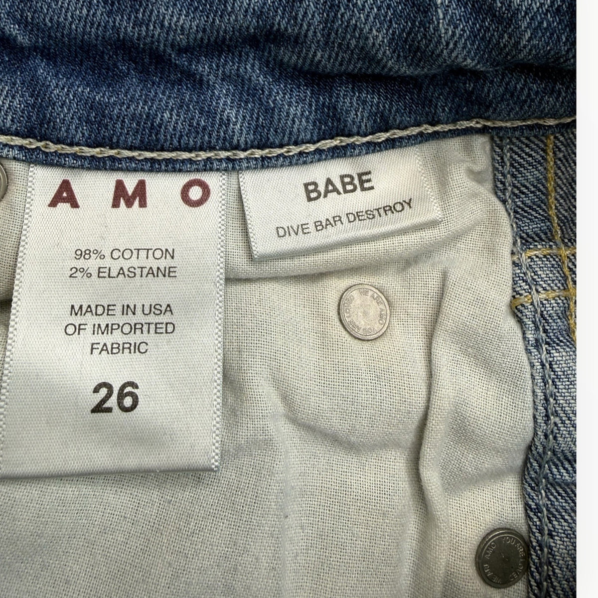AMO Denim BABE Dive Bar Destroyed Jeans High Rise Size 26