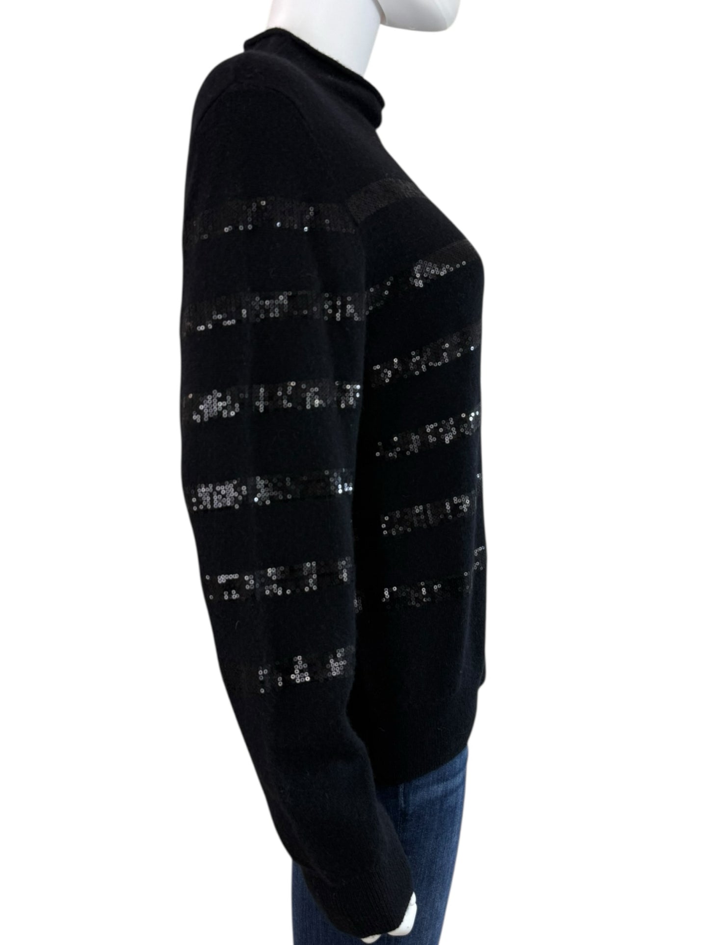 WHITE + WARREN Black 100% Cashmere Sequin Stripe Sweater Size L