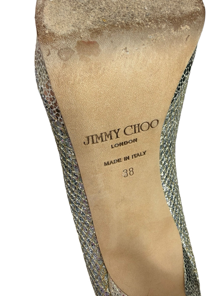 JIMMY CHOO Silver Luna 100 Champagne Glitter Platform Pumps Size 38