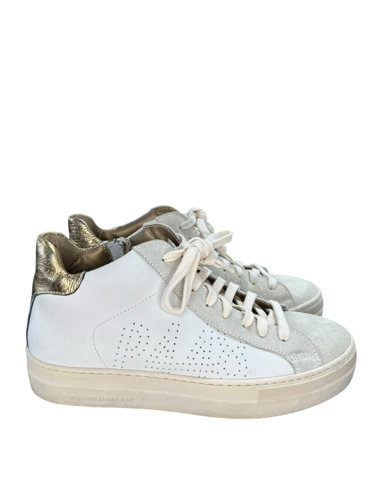 P448 Thea Mid Millenium Platform Sneakers in White, Gold & Suede Size 39