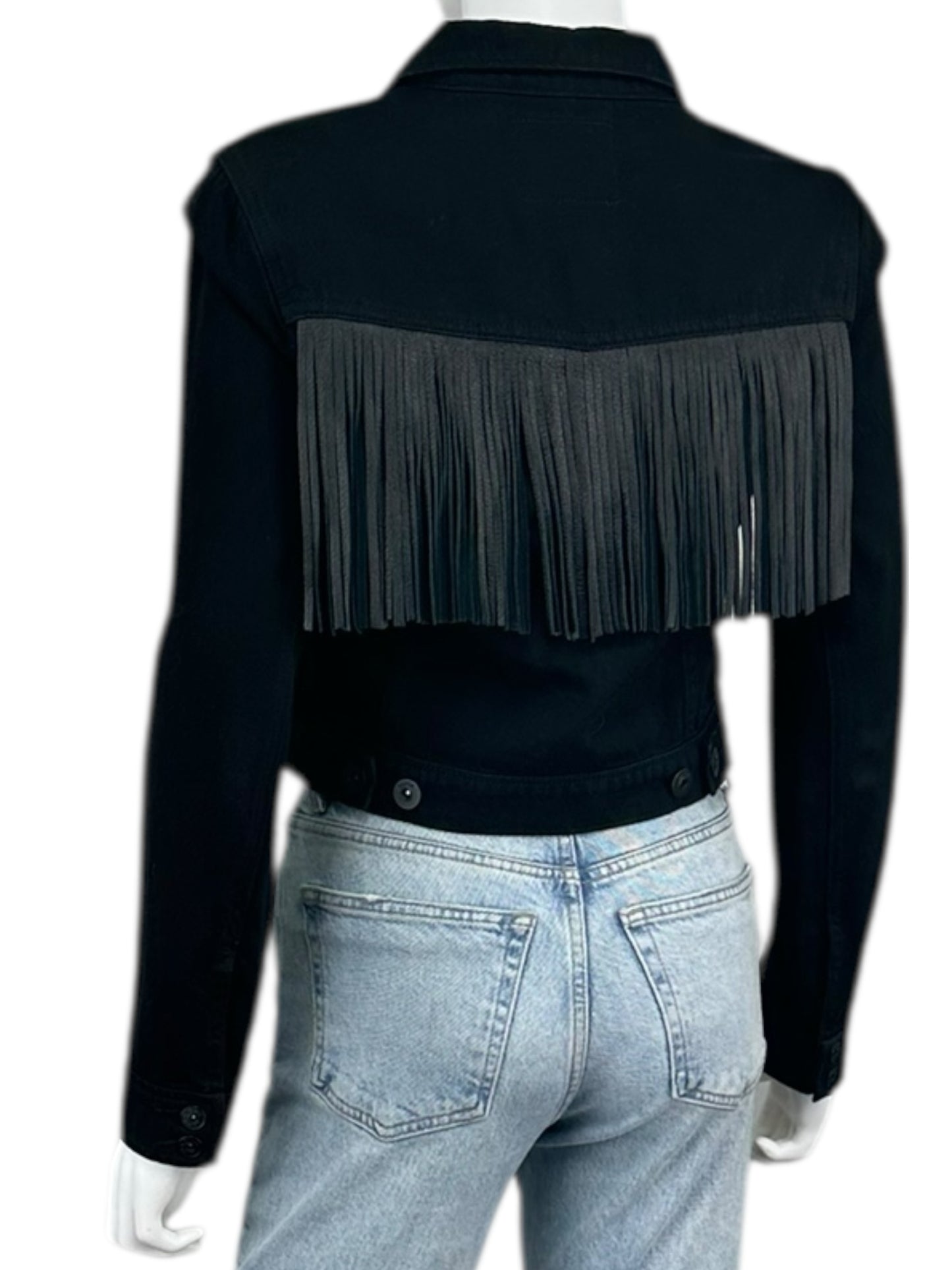 PAIGE Black Western Fringe Denim Jacket Size S