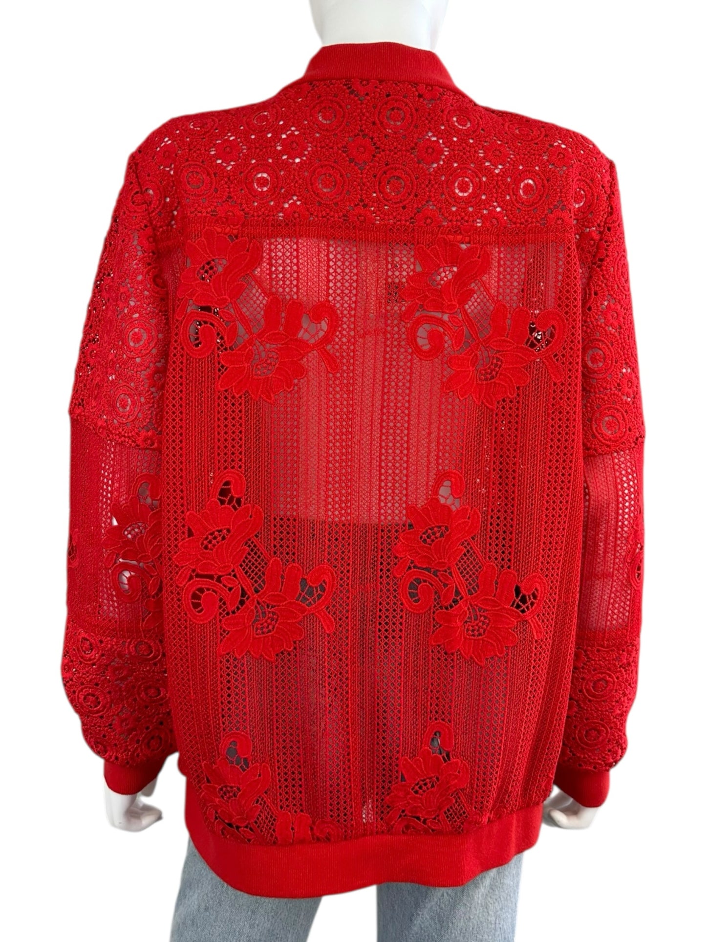 Chico's Red Eyelet Lace Bomber Jacket Size L