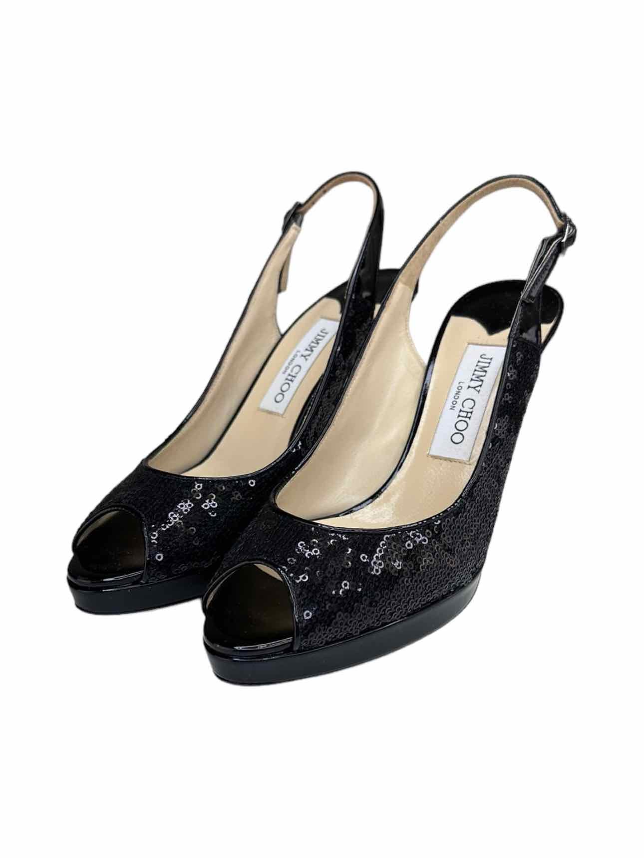 JIMMY CHOO Black Sequin Nova Glitter Slingback Pumps Size 38