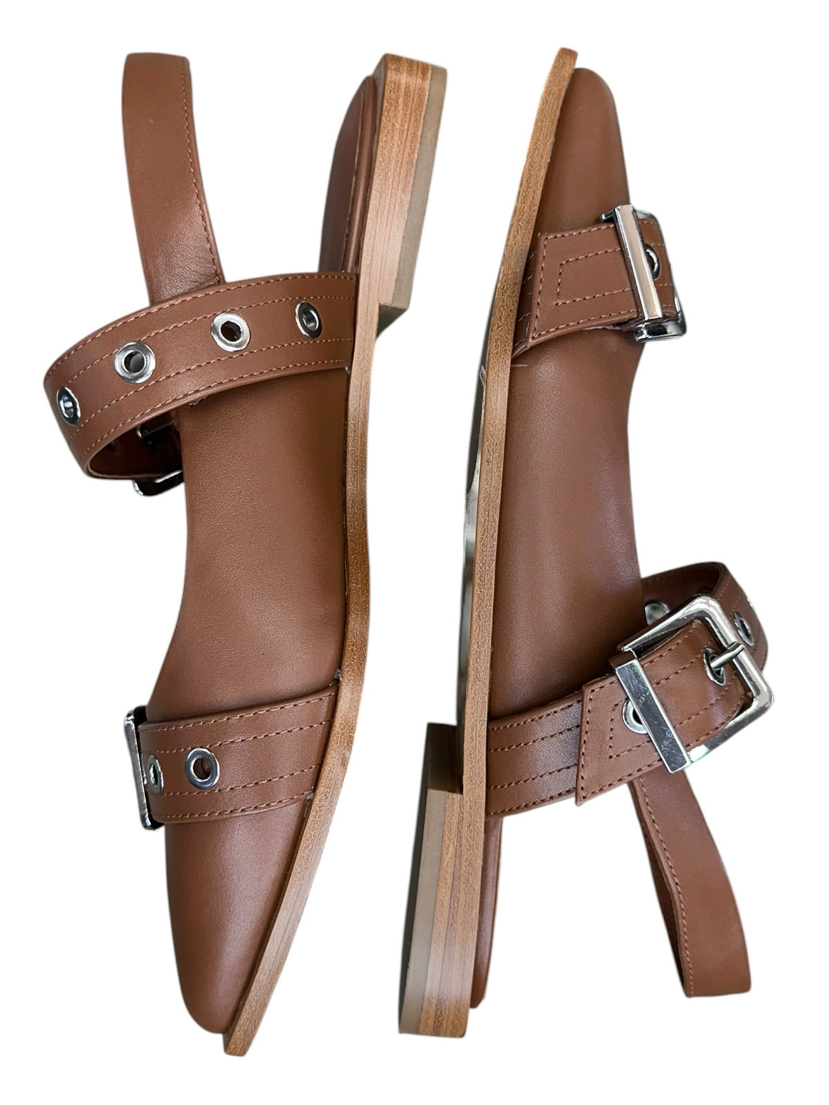Quince Brown Cognac Italian Leather Bold Buckle Slingback Flats Size 8