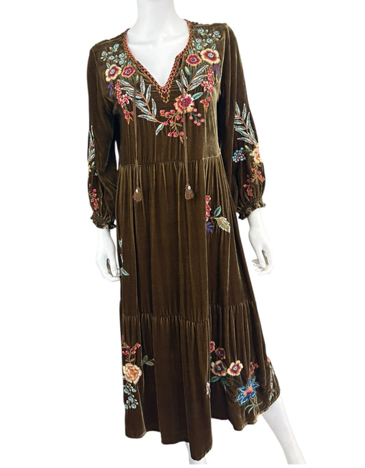 Johnny Was Green Velvet Embroidered 'Taline' Maxi Dress Size S