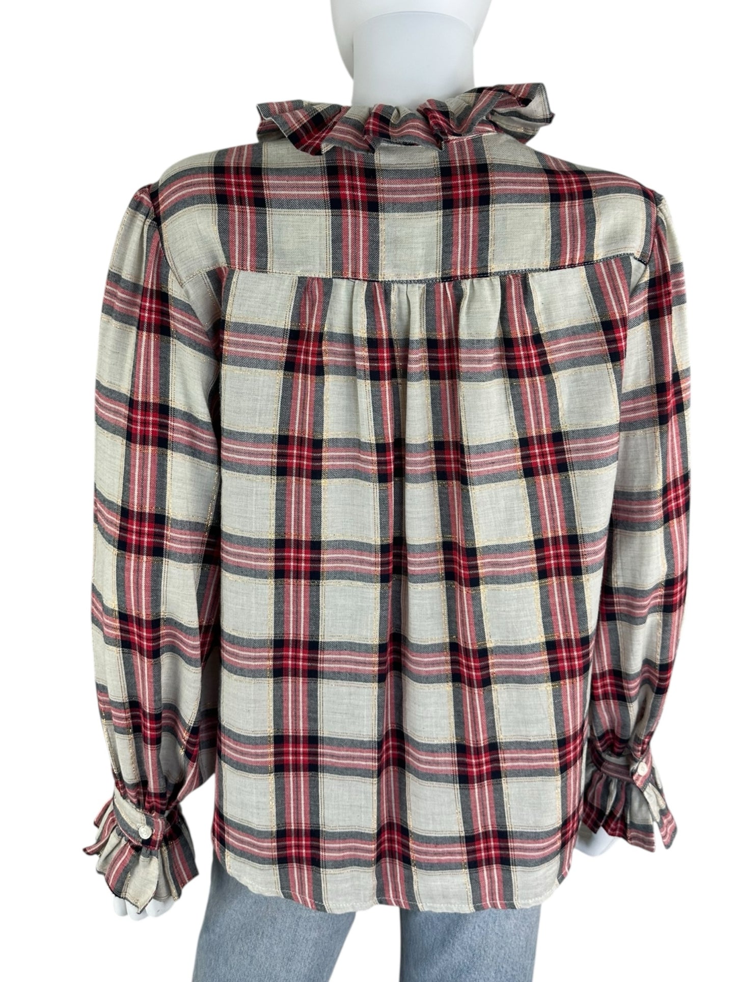 KOCH Red Plaid Ruffle Trim Size S  Button-Down Shirt