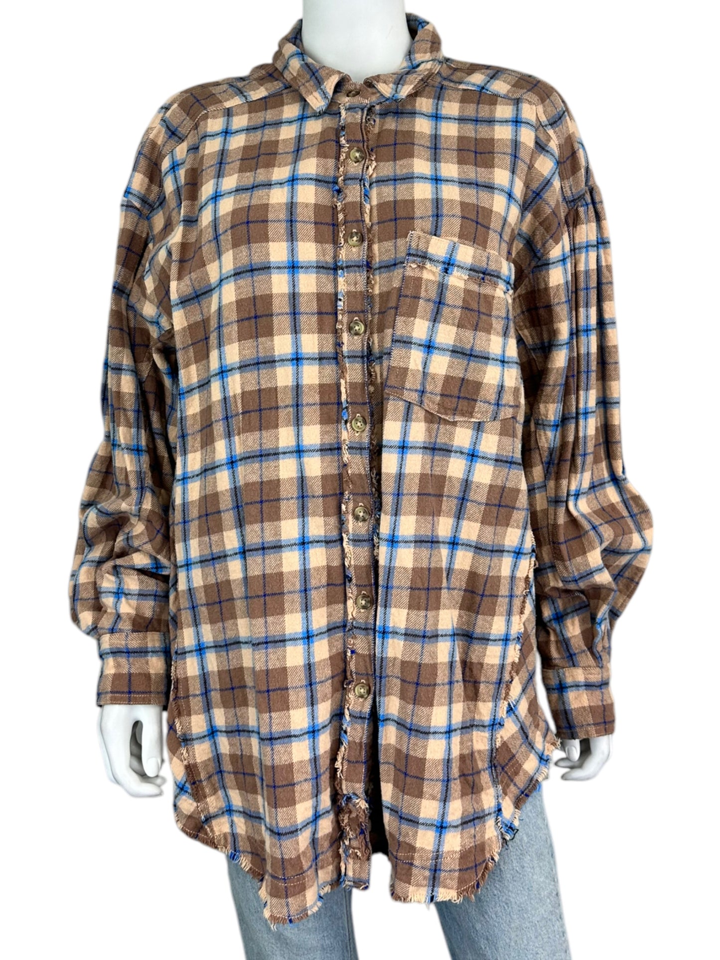 Free People Blue and Pink Flannel Button-down Size M