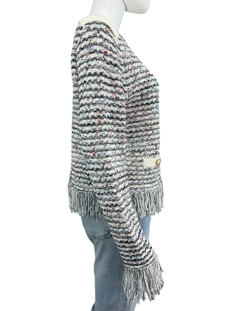 MILLY Tweed Fringe Trim Sweater Cardigan Jacket Size L