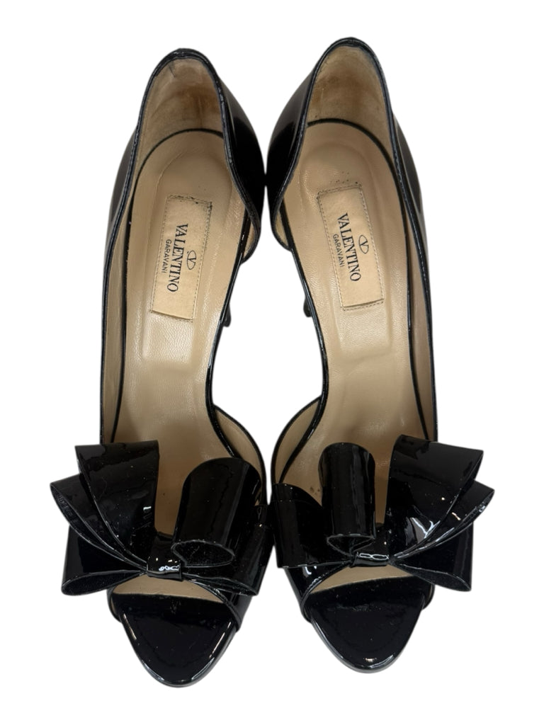 VALENTINO GARAVANI Black Patent Leather Couture Bow Peep-Toe Pumps Size 38